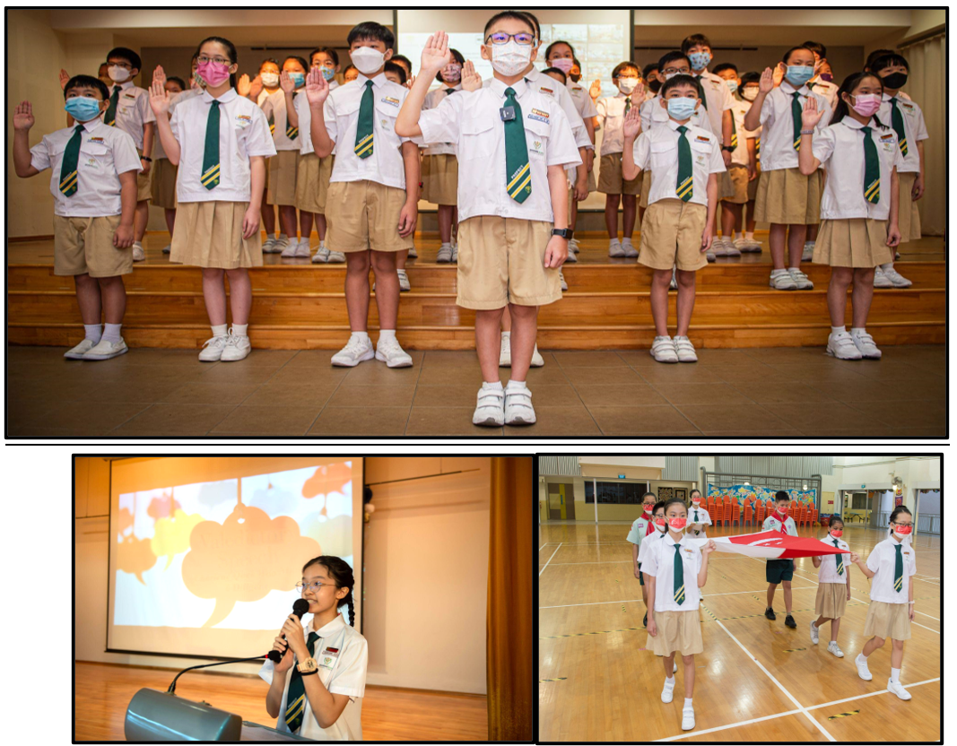 Students in school uniforms and masks take an oath, while others carry a flag and a girl speaks at a podium.