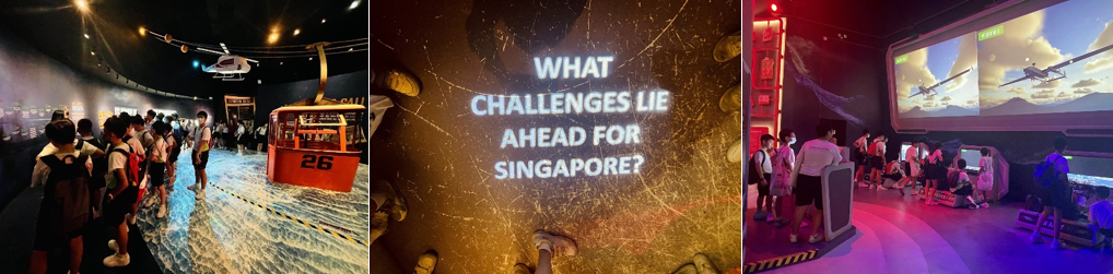 Three museum exhibit scenes: flooded diorama with children, text "What Challenges Lie Ahead For Singapore?", and kids at flight simulators.