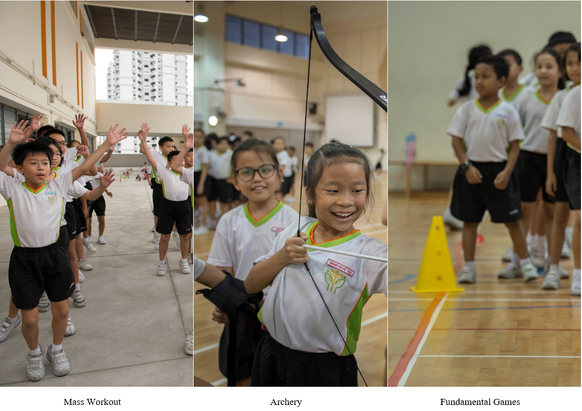 Three school activity photos: children doing mass workout, a girl holding an archery bow, and kids playing fundamental games indoors.