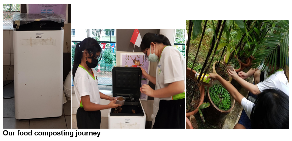 Students in masks use a composting machine indoors, and others tend to potted plants outdoors as part of a food composting activity.