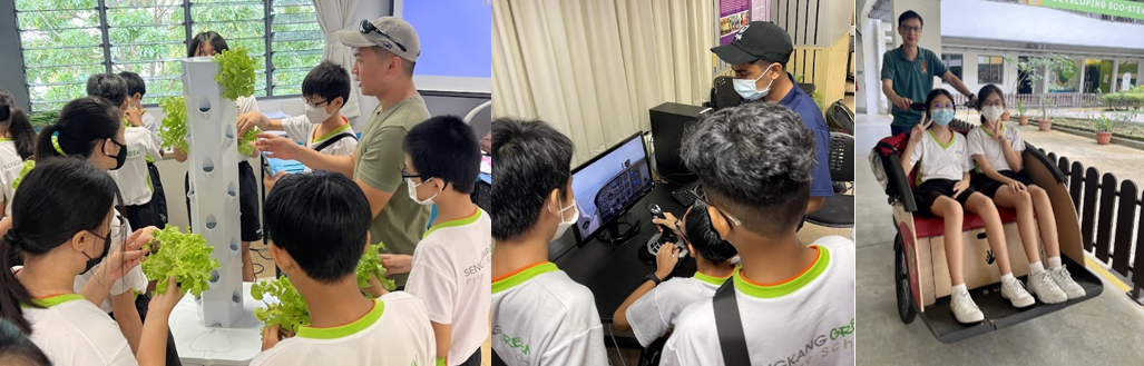 Three scenes: students examining a vertical garden, children using a computer with a controller, and two girls sitting in a wheelchair outdoors.