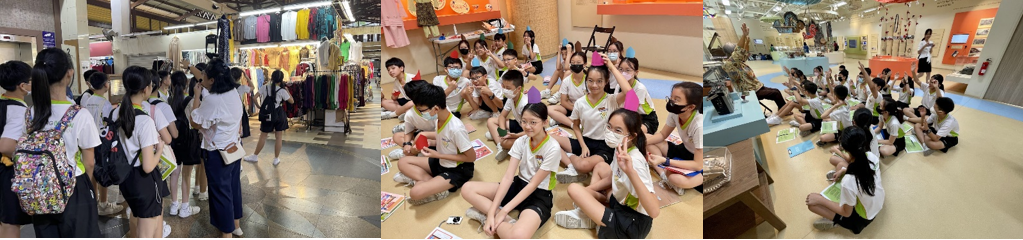 Students in white uniforms on a field trip, browsing a market, posing indoors, and sitting in a museum exhibit.