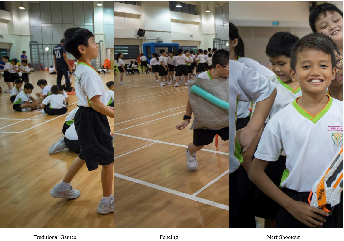 Three school activity scenes: children playing traditional games, fencing with foam noodles, and a boy holding a Nerf gun.