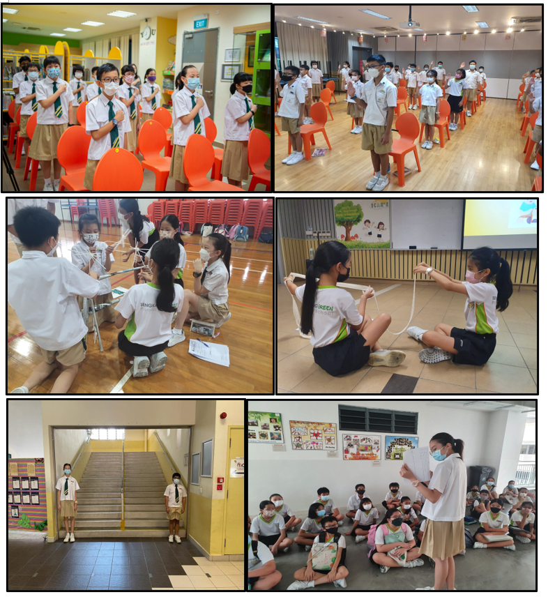 Students in school uniforms and masks doing activities including group rope exercises and a presentation indoors.