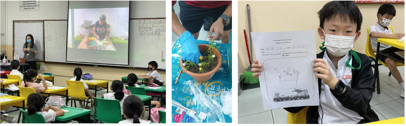Three classroom scenes: students watching a gardening lesson, a potted plant being handled, and a masked boy holding a drawing.