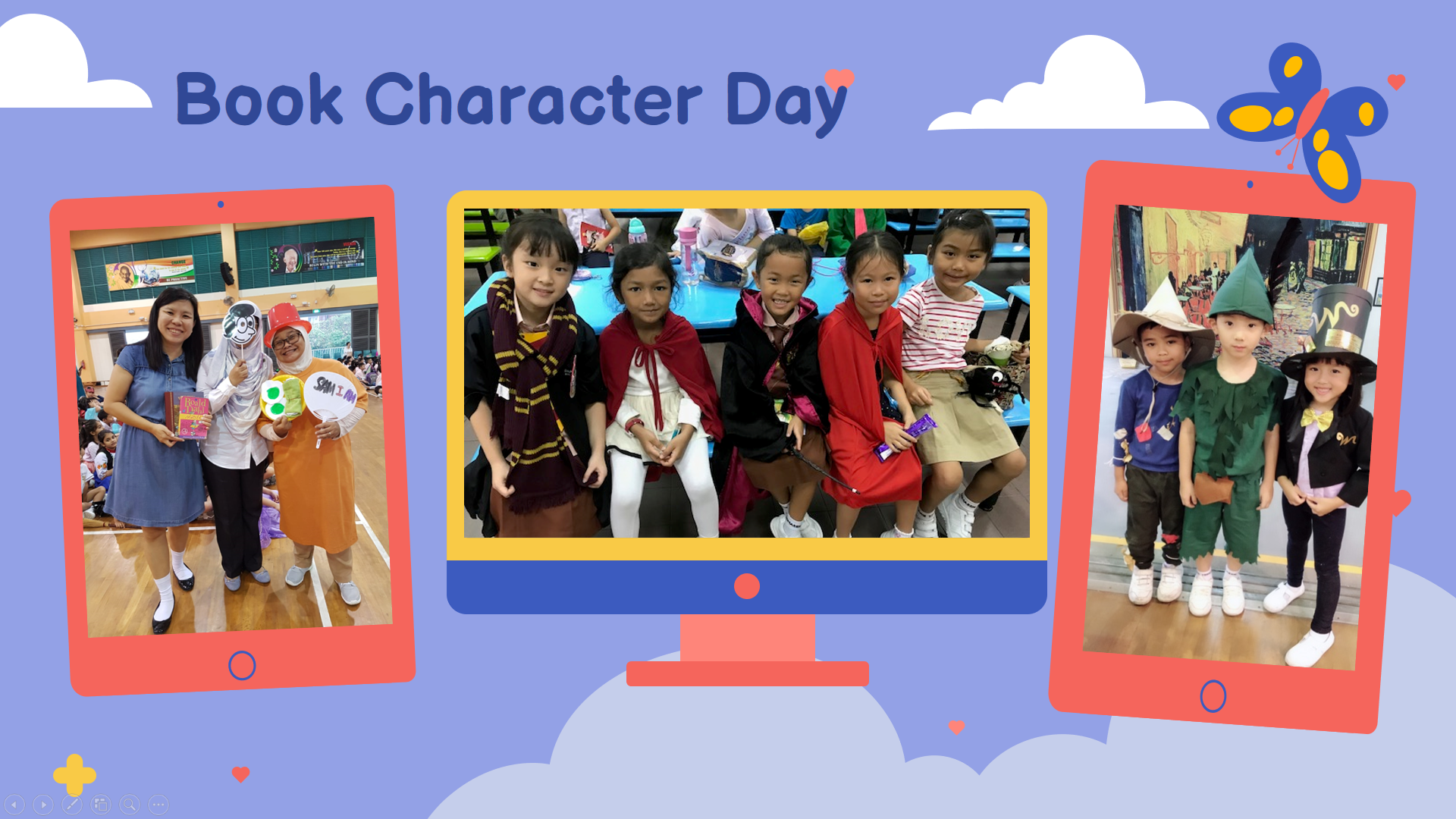Three photos of children in book character costumes displayed under the text Book Character Day.