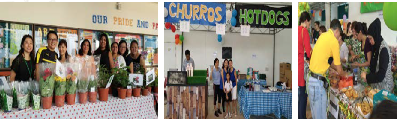Three fair scenes: people at a plant booth, a churros and hotdogs stand, and customers browsing food stalls.