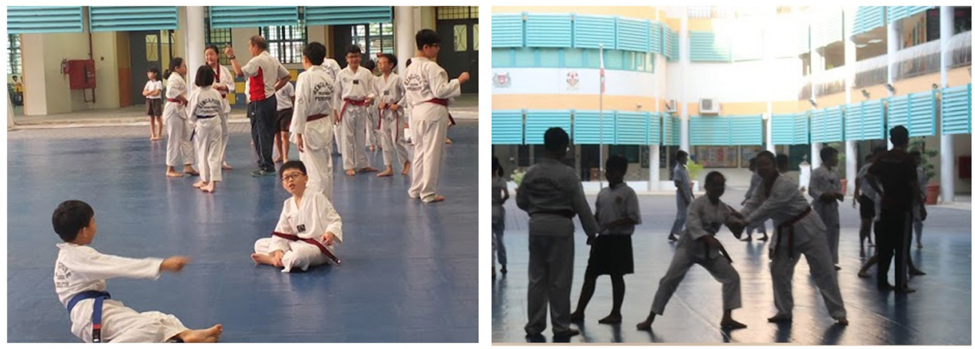 Children in taekwondo uniforms practice taekwondo indoors and outdoors on blue mats at a school.