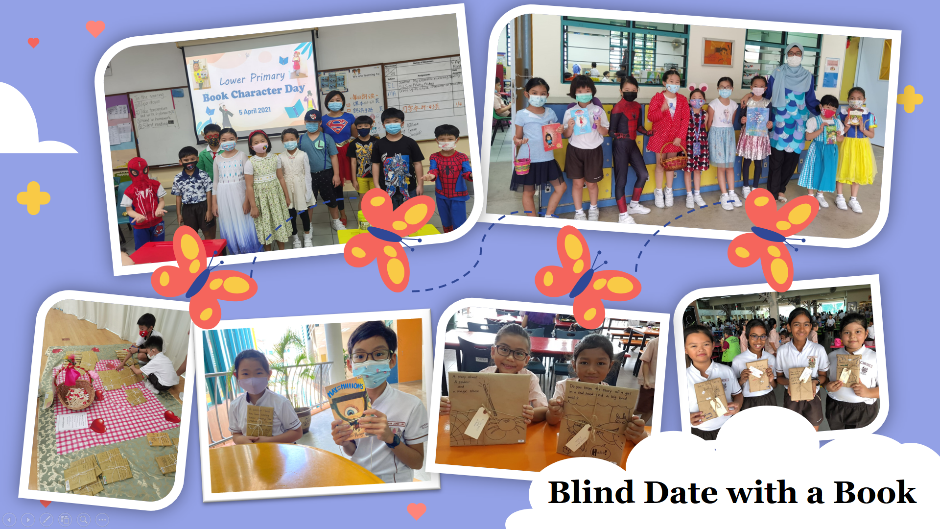 Collage of primary school children in costumes for Book Character Day and holding wrapped books for Blind Date with a Book.
