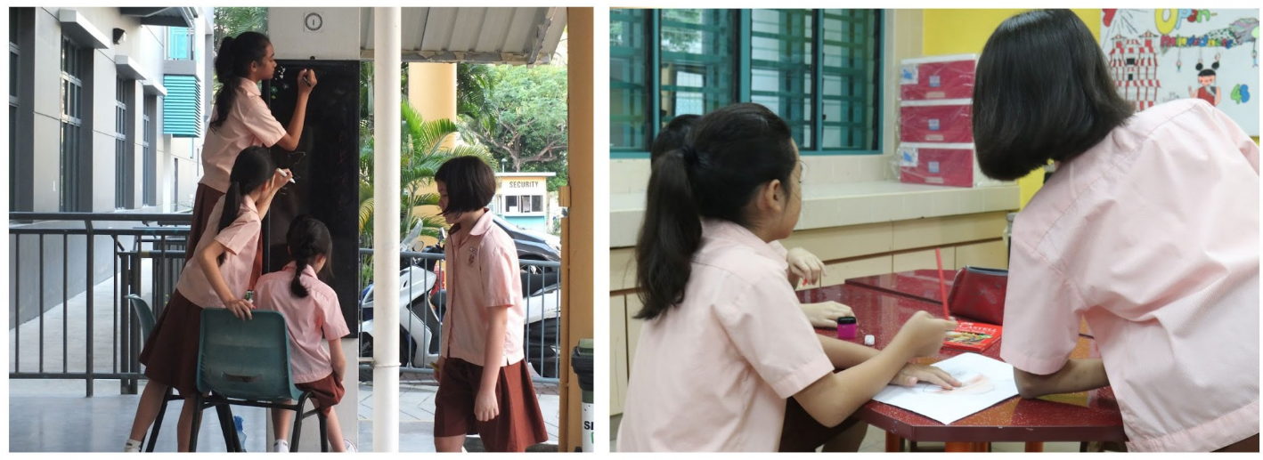 Two photos of school girls in pink uniforms: one writing on a high board, another pair working at a red desk.