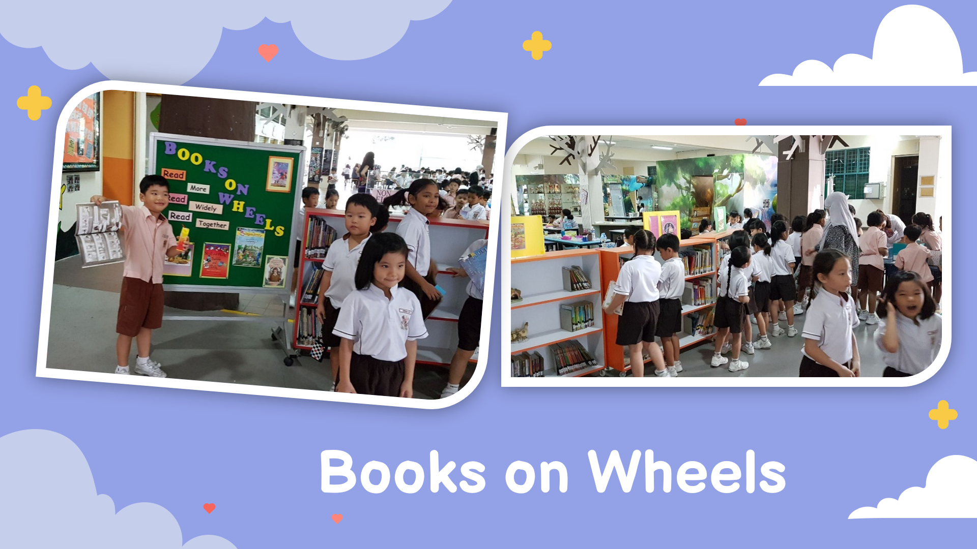 Two photos of school children in uniform browsing books at a Books on Wheels mobile library display.