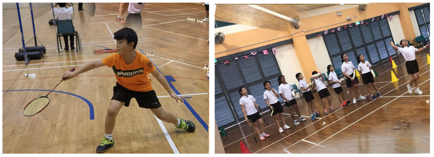 Two photos of children playing badminton indoors: a boy in orange mid-swing, and a group of girls in a line practicing serves.