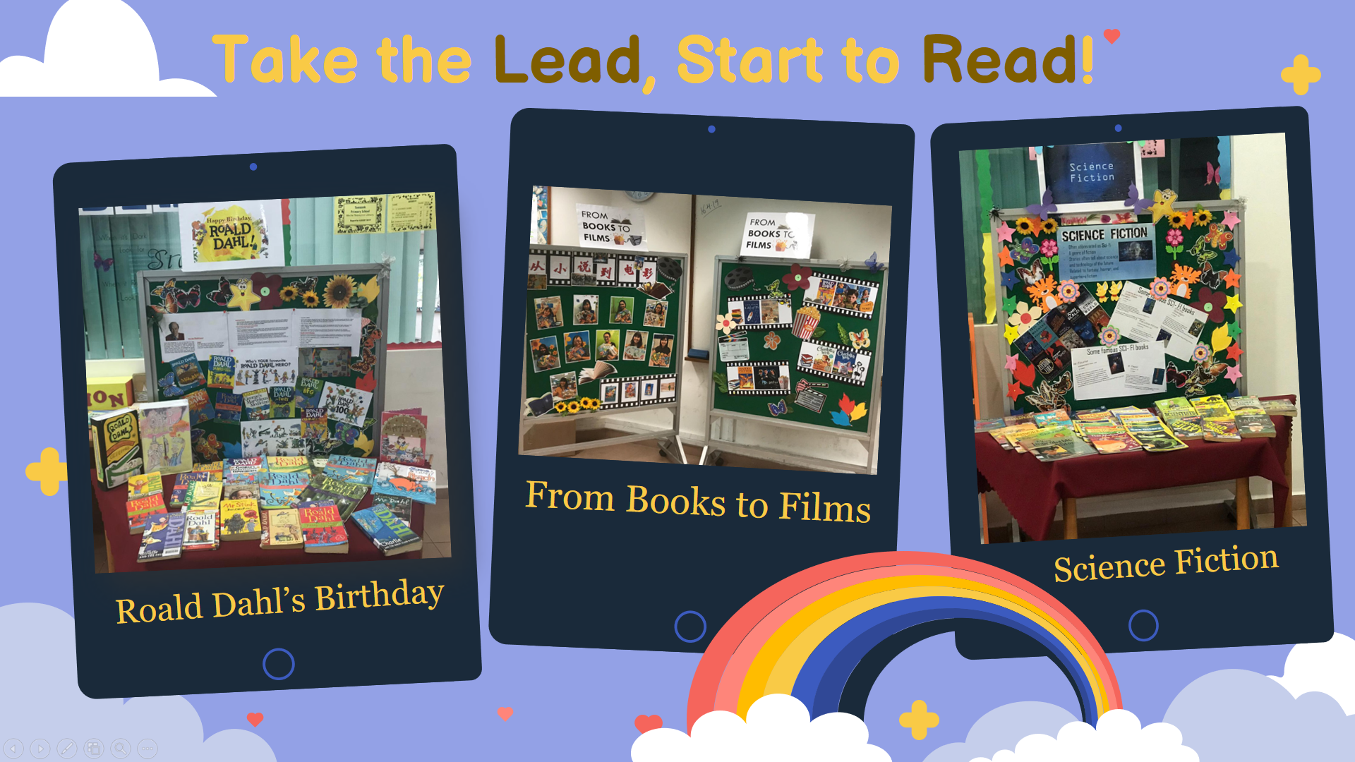 Three school reading displays on a purple background titled Take the Lead, Start to Read, showing Roald Dahl, Films, and Science Fiction themes.