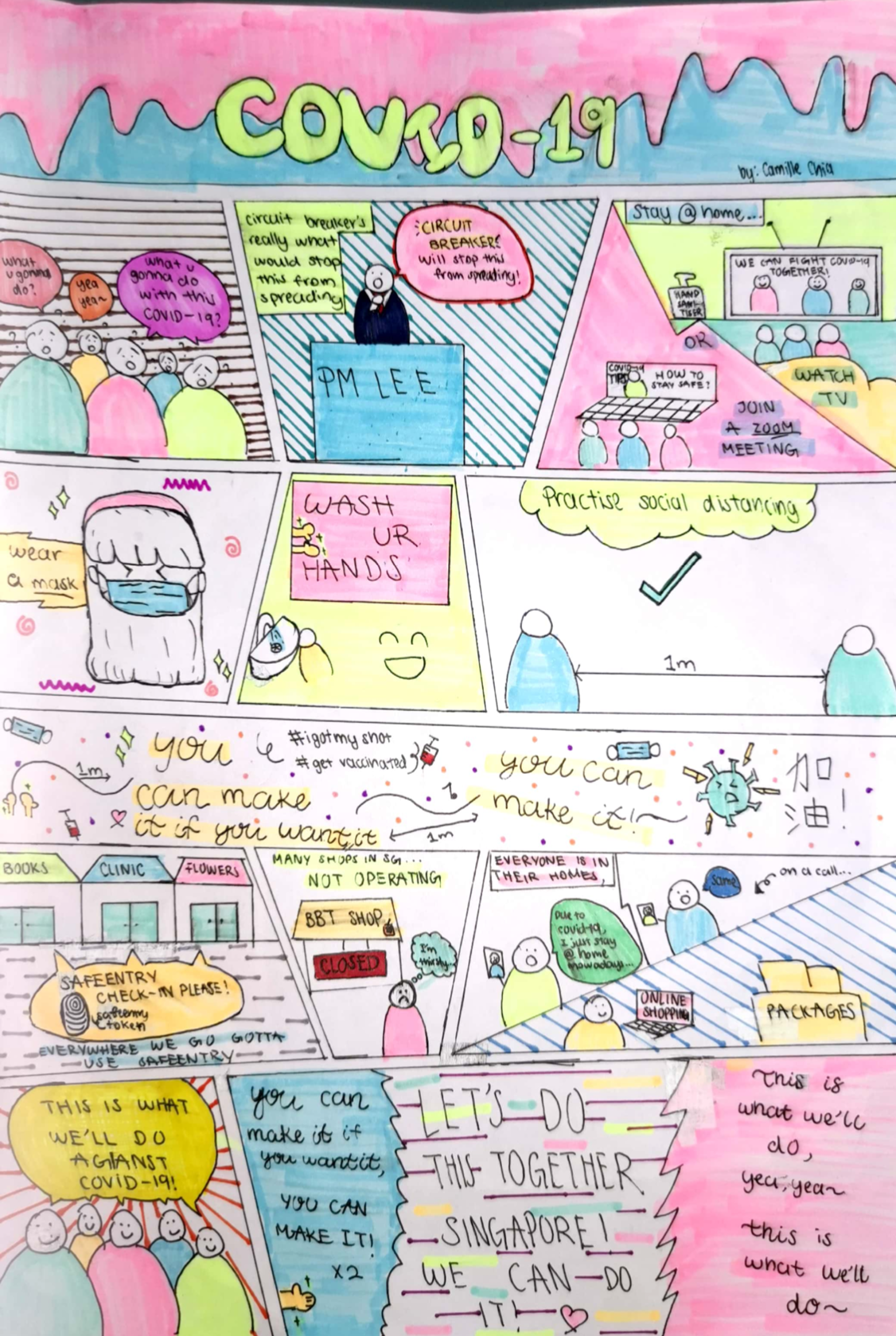 Hand-drawn comic strip titled COVID-19 showing Singapore safety measures like mask wearing, handwashing, and social distancing.