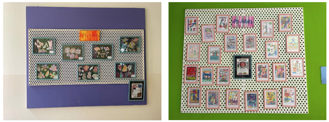 Two classroom art display boards showing colorful children's drawings mounted on polka-dot and purple backgrounds.