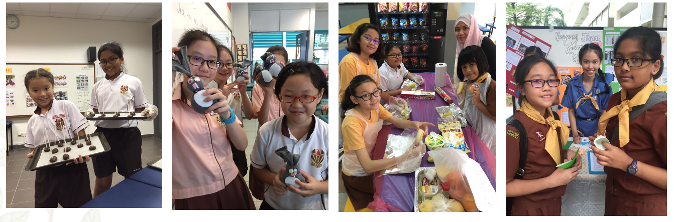 Four photos of school girls in uniforms doing activities: holding a tray of treats, toys, food items, and project displays.