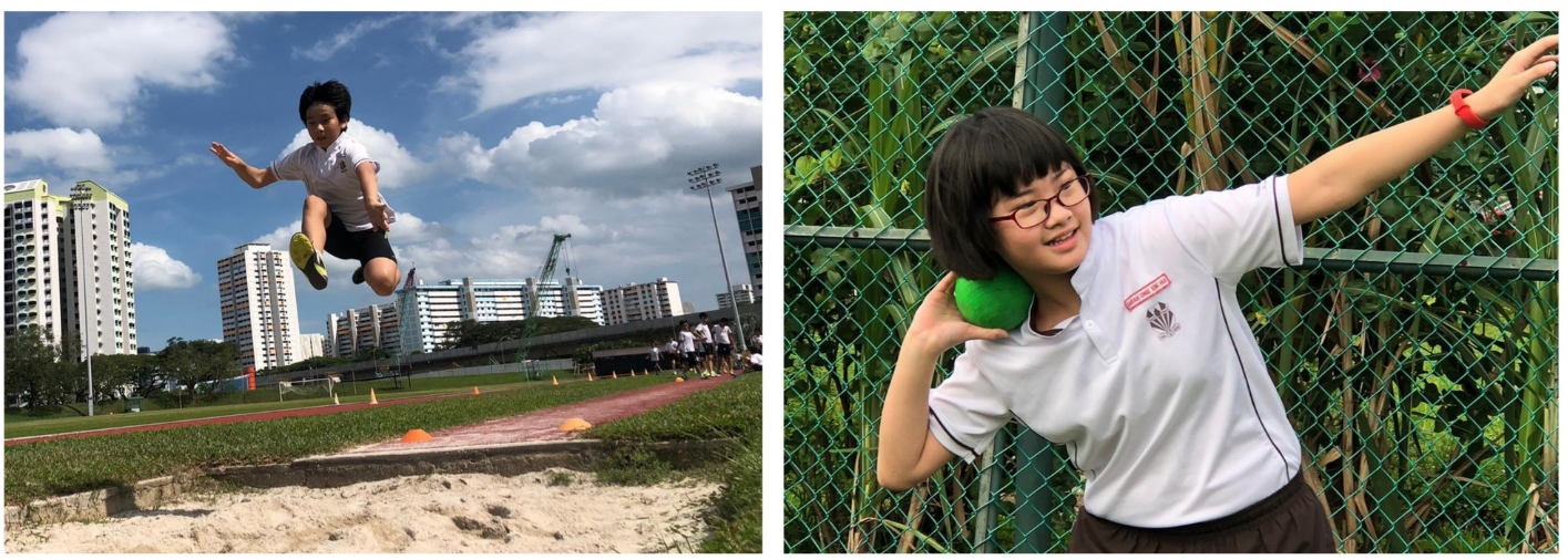 Two students in school uniforms: one doing a long jump over a sand pit, another preparing to throw a green shot put ball.