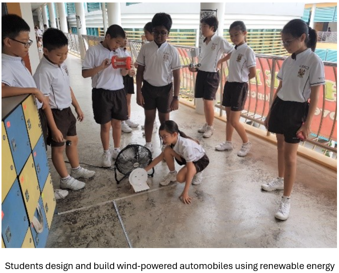 School children in uniforms gather around a small fan and a white model car on a corridor floor.