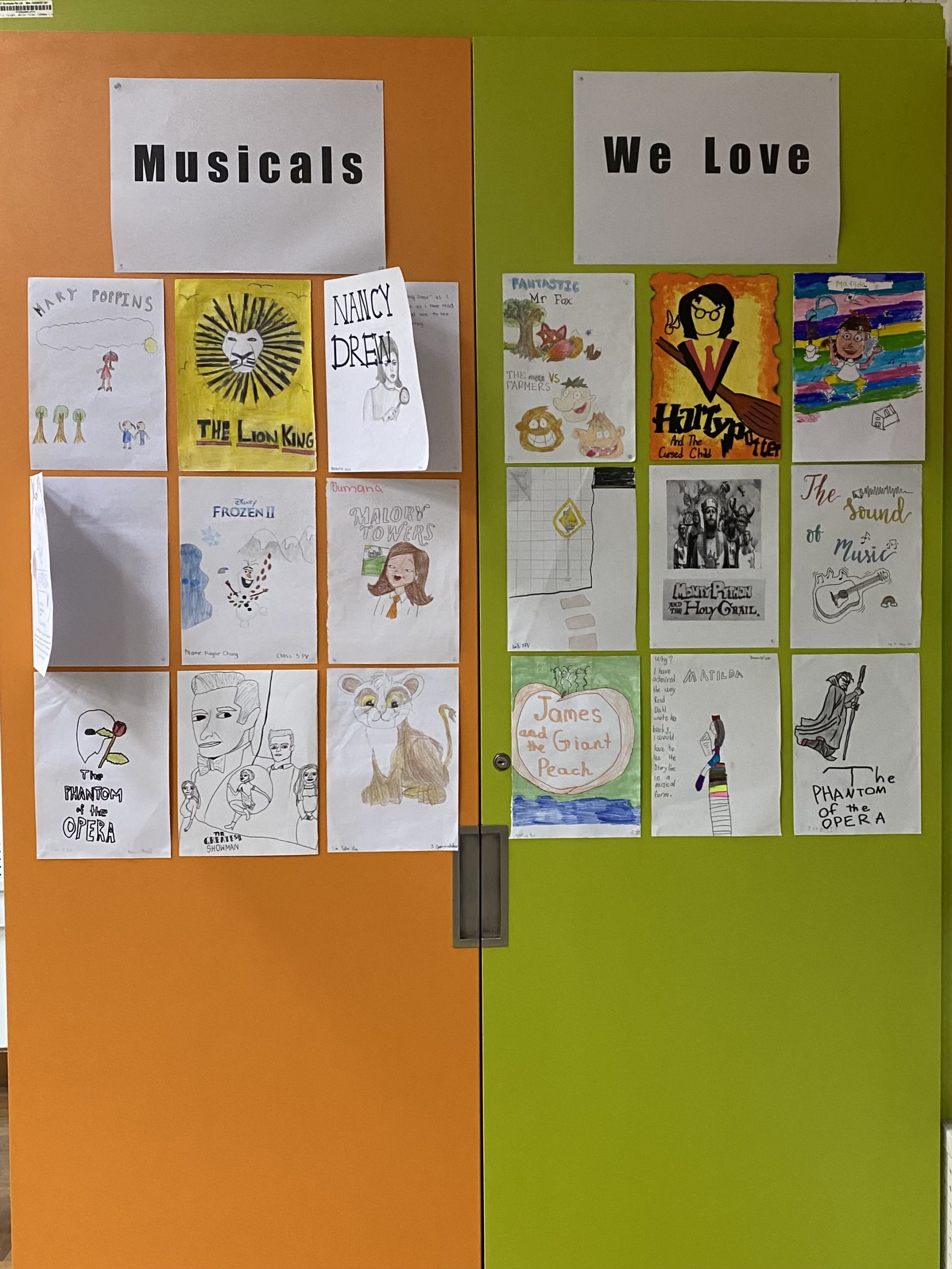 Two doors display children's hand-drawn posters titled "Musicals We Love," featuring shows like Lion King and Phantom of the Opera.
