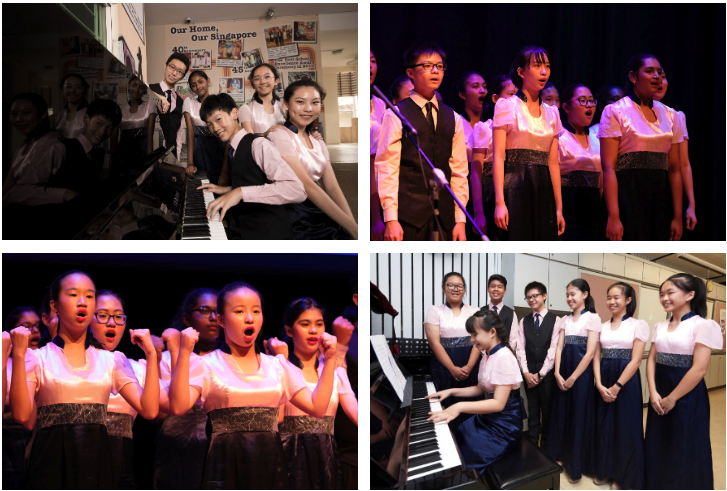 Four photos of a school choir in pink and black uniforms singing on stage and posing near a piano.