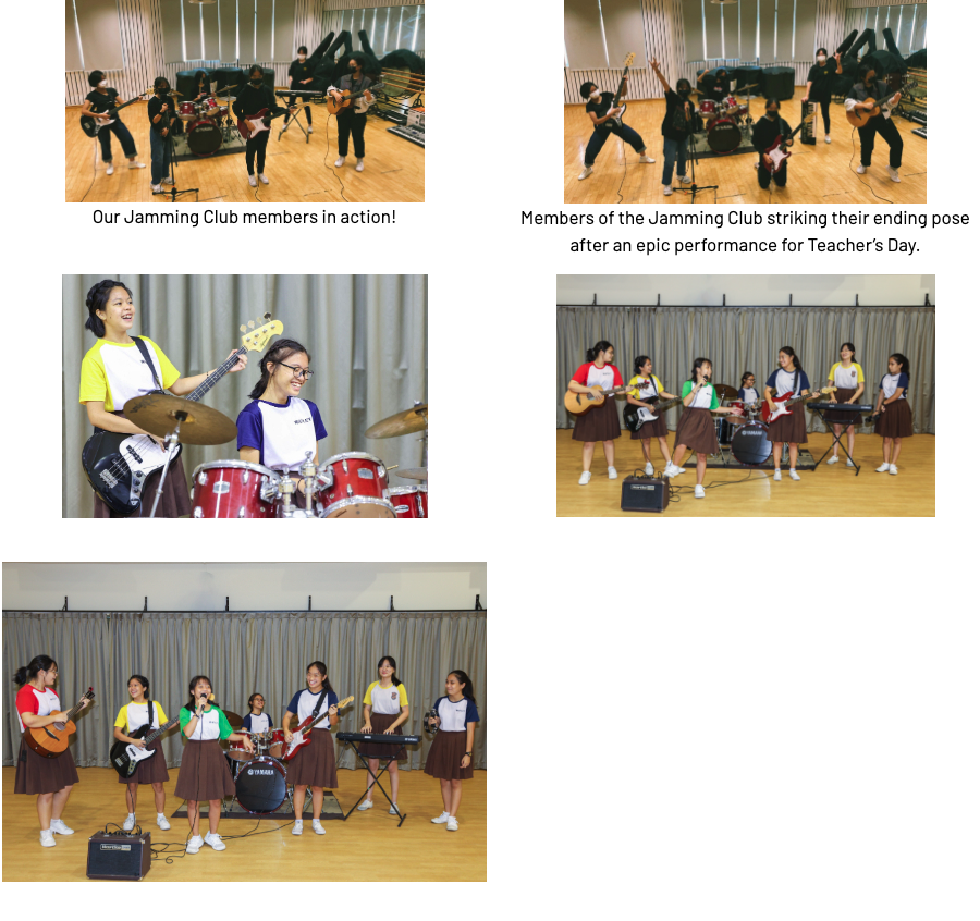 Five photos of school girls in uniforms playing guitars, drums, and keyboard during a Jamming Club performance.
