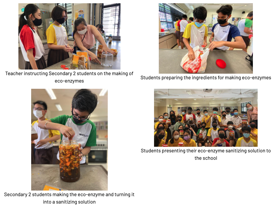 Four photos show masked students making eco-enzyme sanitizing solution, guided by a teacher, and presenting it to school.