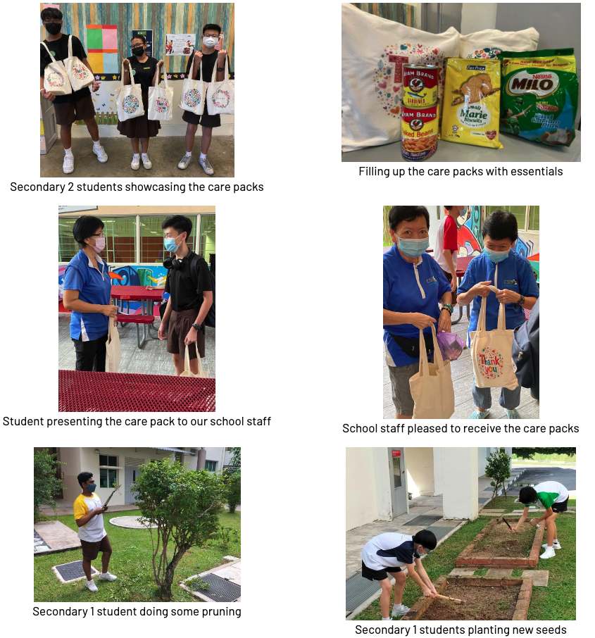 Six photos showing students with decorated tote care packs, presenting them to staff, and doing garden work at school.
