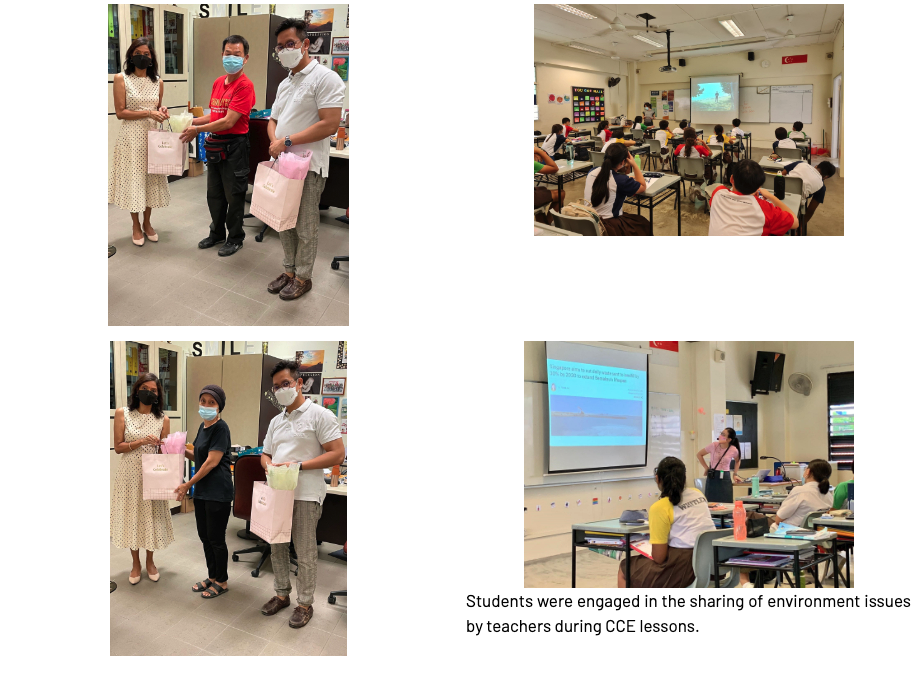 Four photos showing people exchanging gift bags and students in classrooms watching presentations on environment issues.