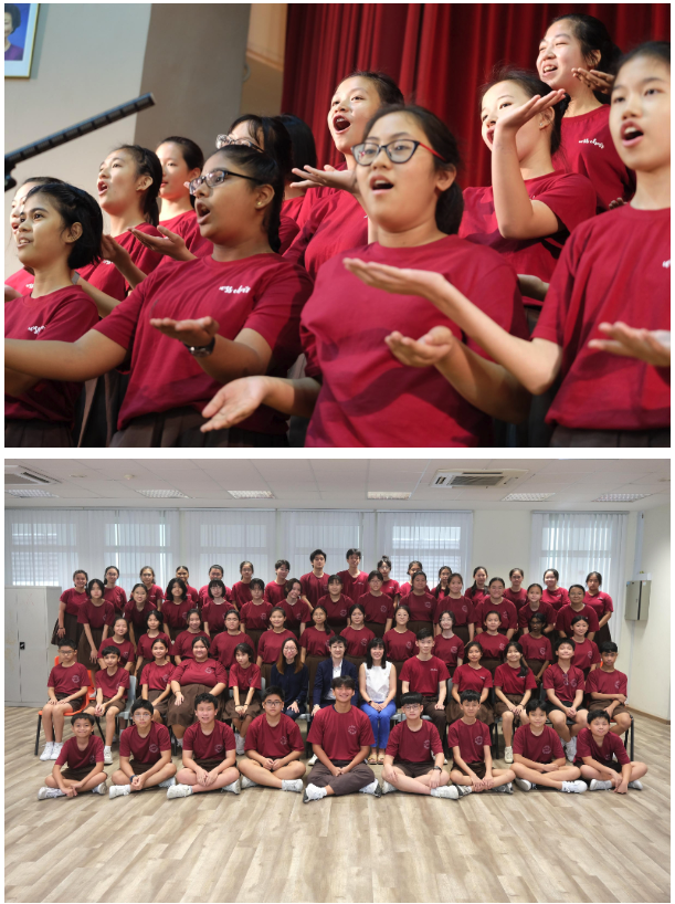 Students in matching red shirts perform in a choir above, and pose for a large group photo below.