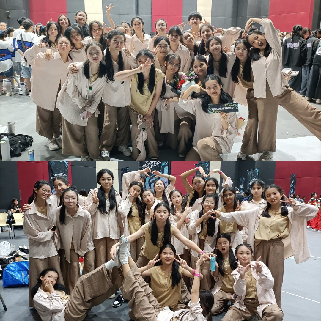 Two group photos of young women in matching beige outfits posing with peace signs inside a large hall.