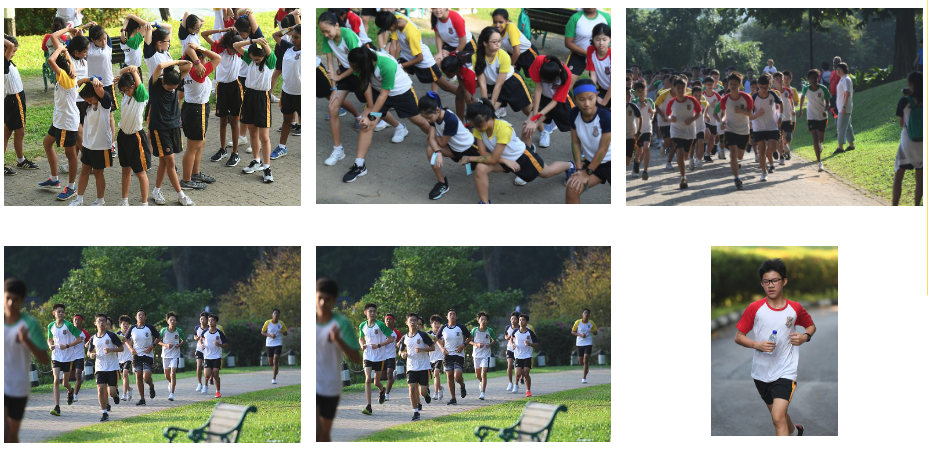 Five photos showing students in school uniforms stretching and running along park paths outdoors.
