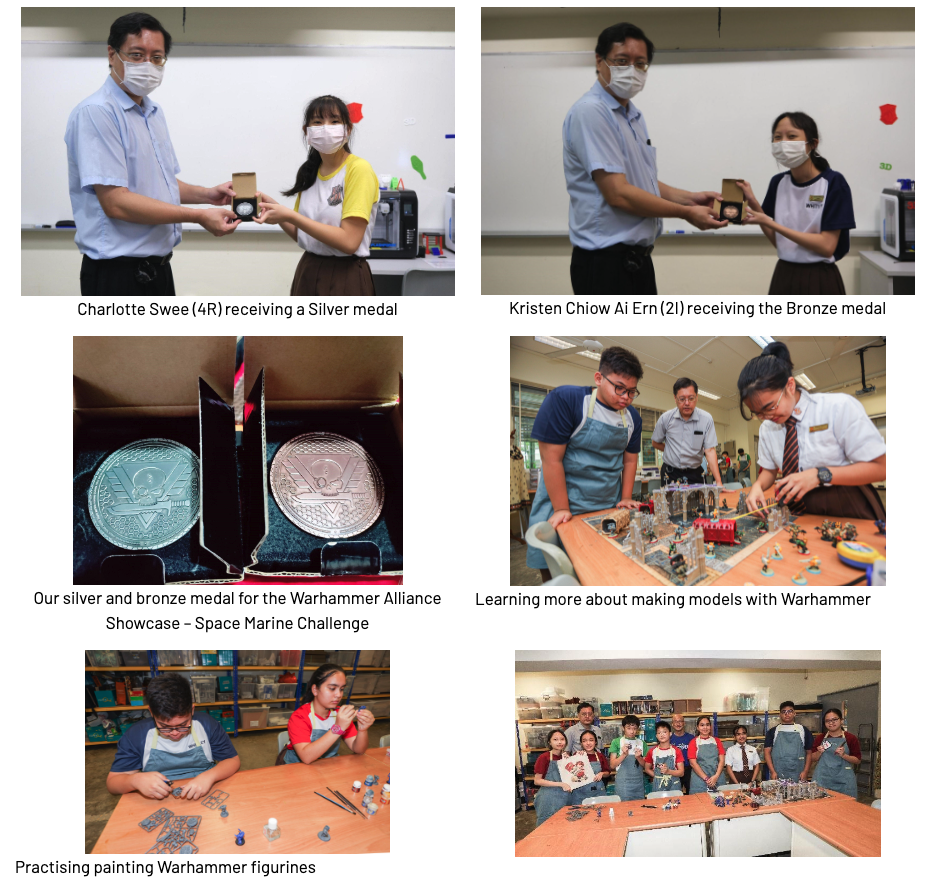Six photos showing students receiving Warhammer medals, painting figurines, and posing with teachers in a workshop.