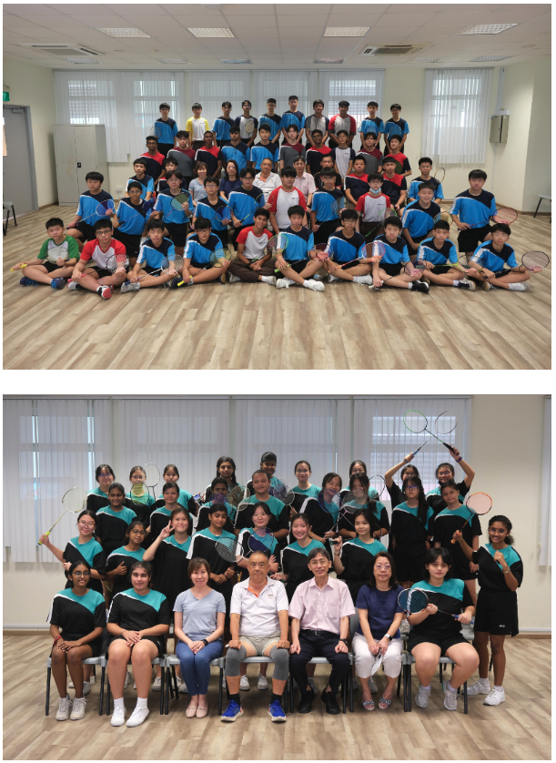 Two group photos of students holding badminton rackets, posing indoors on a wooden floor.