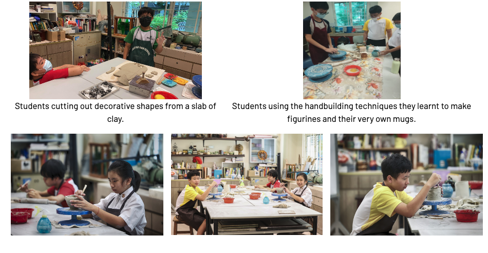 Five photos show students in aprons working with clay, cutting shapes, handbuilding mugs and figurines in a pottery studio.