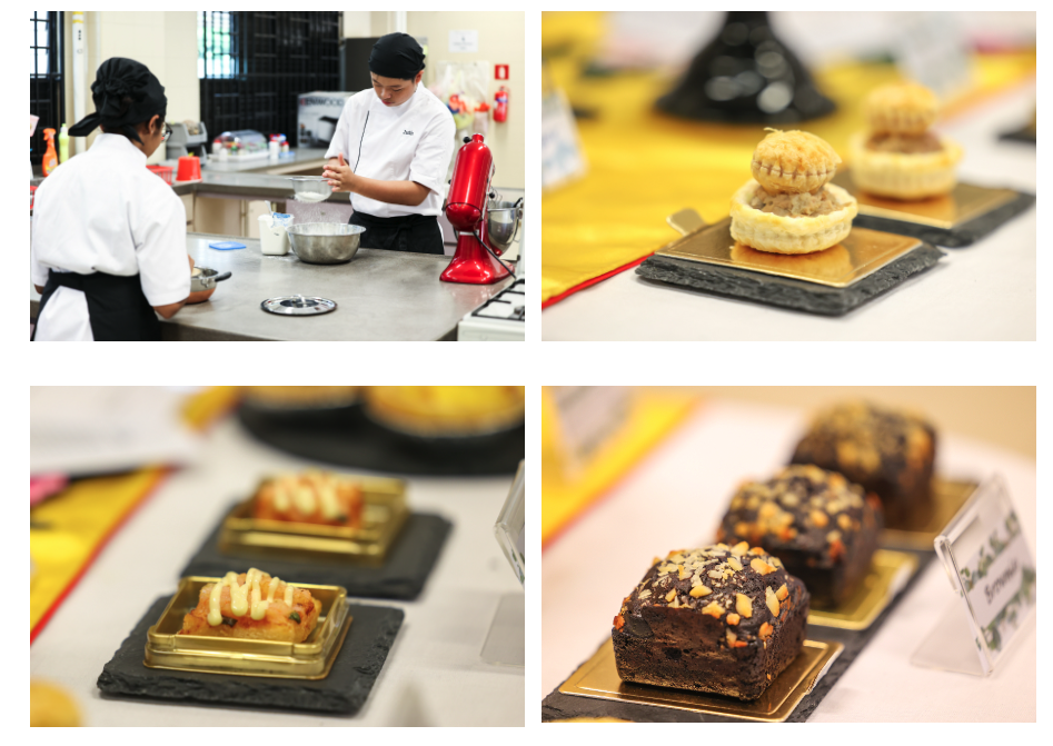 Two chefs working in a kitchen alongside close-up shots of plated pastries including brownies and a layered tart.