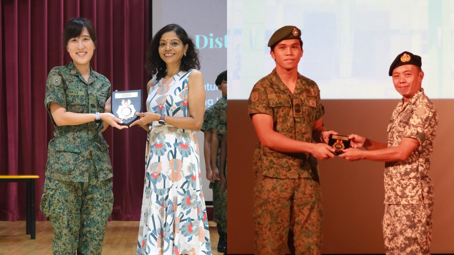 Two military award ceremonies, each showing a soldier receiving a plaque from a presenter on stage.
