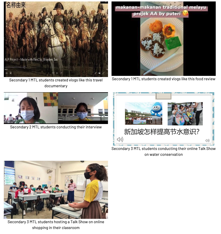 Five student project screenshots showing vlogs, interviews, and talk shows by Secondary 1, 2, and 3 MTL students.