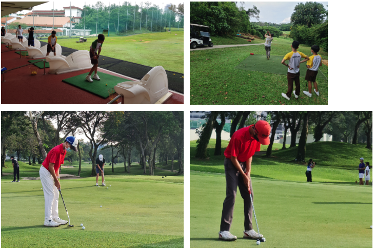 Four photos of young golfers practicing at a driving range and putting on a green golf course.