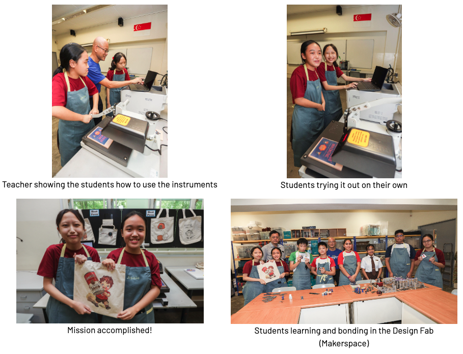 Four photos show students and a teacher using equipment, two girls at a machine, students holding printed tote bags, and a group in a makerspace.
