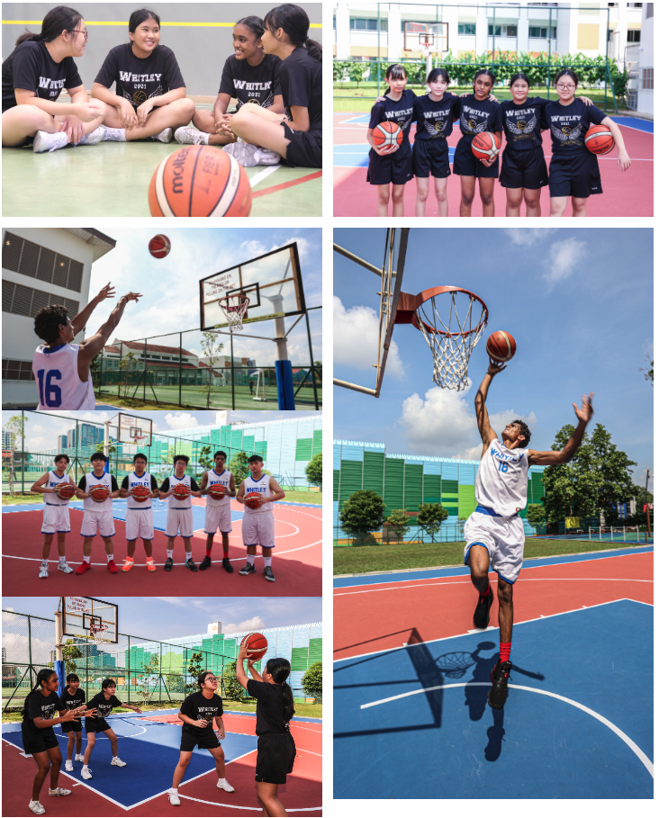 Six photos show Whitley school basketball teams playing, posing, and shooting on outdoor courts.