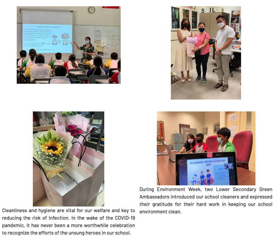 Four school scenes showing a waste presentation, staff with flowers, a bouquet, and students at a Cleaners Appreciation Day event.
