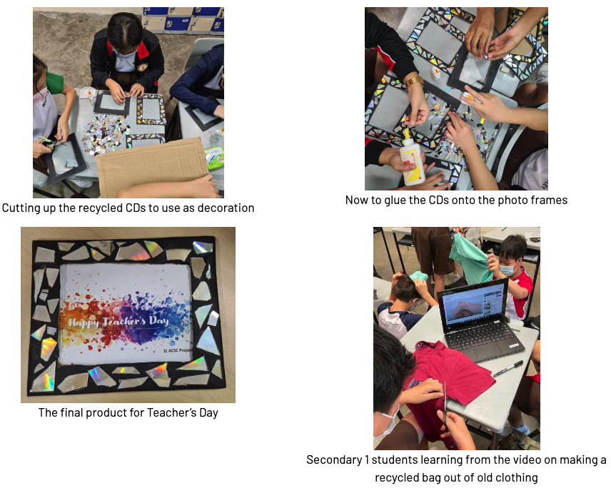 Students making recycled CD photo frames for Teacher's Day and learning to sew bags from old clothing.
