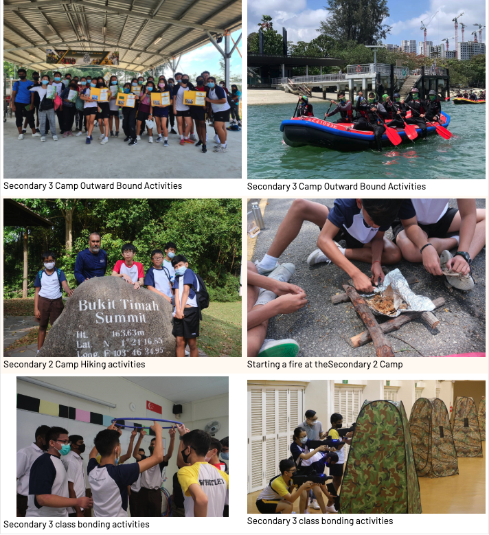 Six photos show students doing camp activities: group photo, rafting, hiking at Bukit Timah Summit, fire-starting, and indoor bonding.