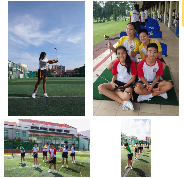 Four photos of students playing golf and doing archery at Whitley Secondary School outdoors.