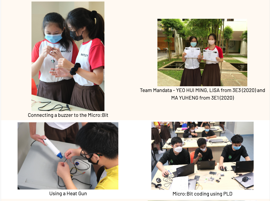 Four photos show students in masks doing tech activities: connecting a buzzer, holding certificates, using a heat gun, and coding on laptops.