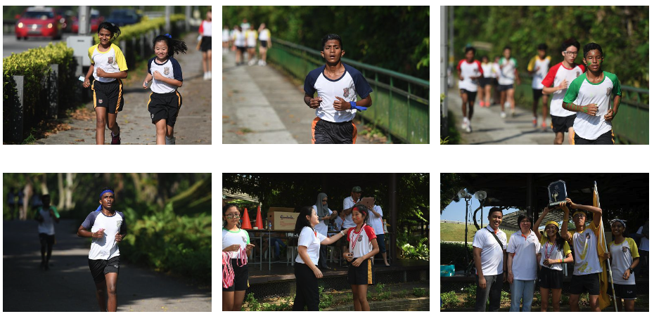 Six photos of school students running outdoors and posing together, wearing white sports uniforms.