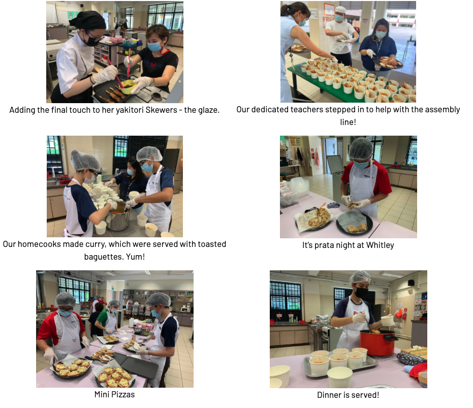 Six photos show masked students and teachers cooking and serving yakitori, curry, prata, mini pizzas, and dinner in a kitchen.