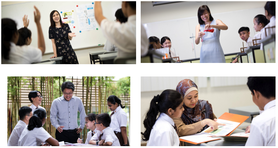 Four classroom scenes showing teachers engaging with students through lessons, experiments, outdoor discussion, and book review.