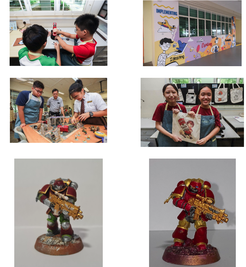 Six photos showing students doing crafts, painted miniature soldiers, a mural, and two girls holding decorated tote bags.