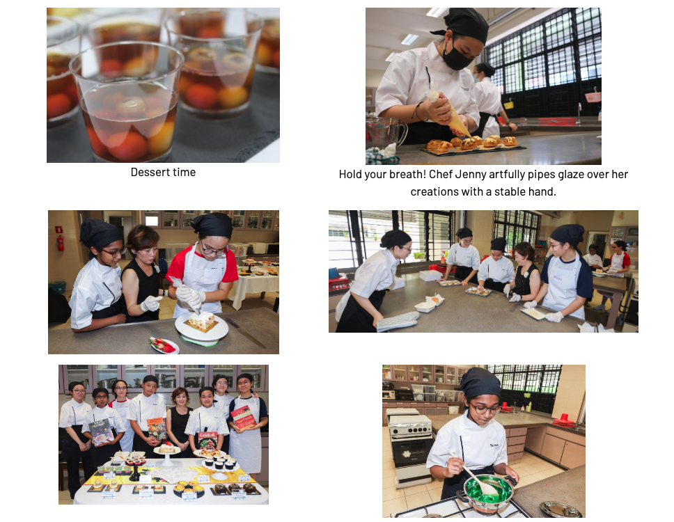 Six photos of students in chef uniforms baking, decorating cakes, and cooking in a kitchen classroom.